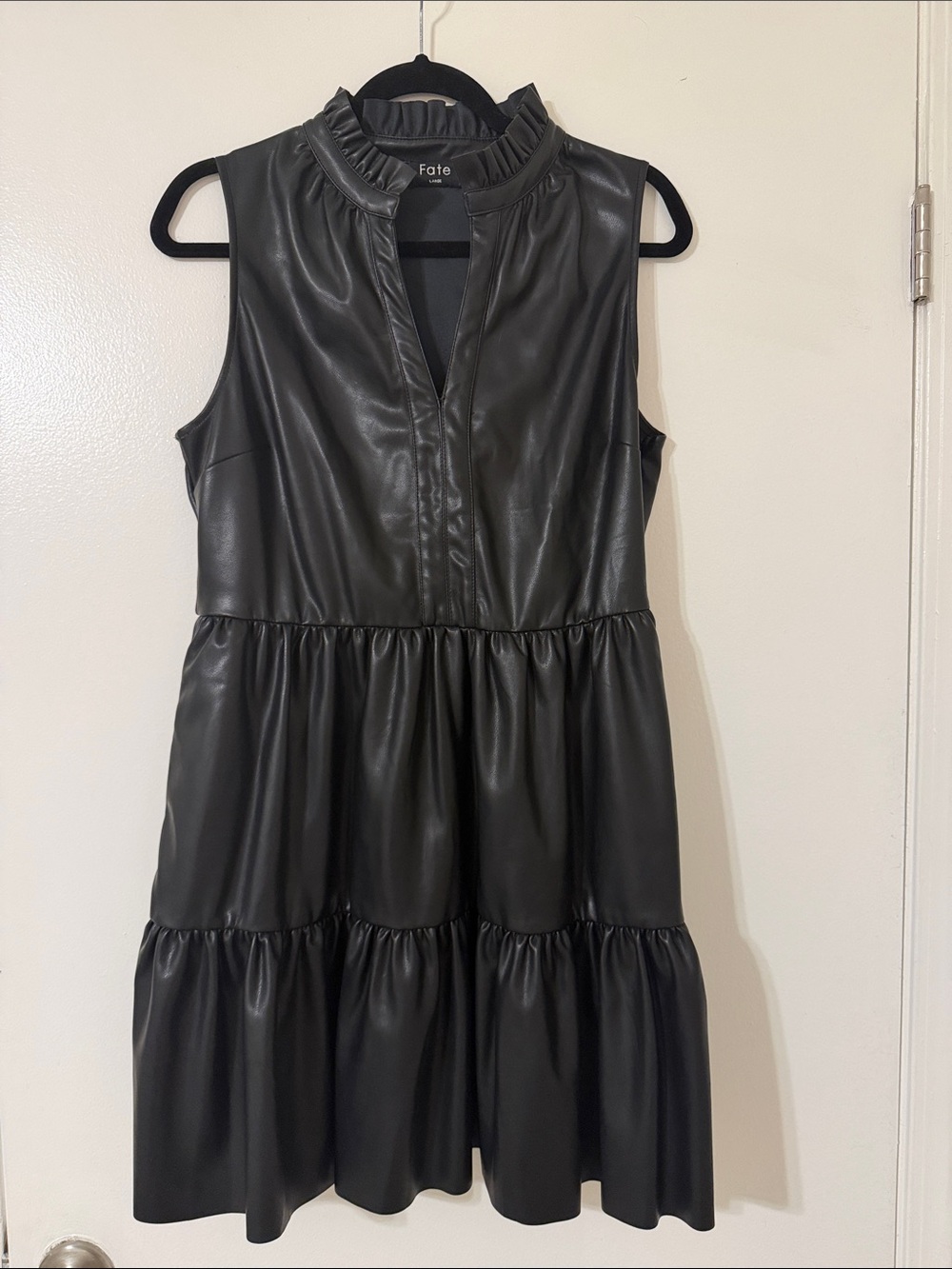 Fate Black Sleeveless Faux Leather Ruffle Neck Tiered Mini